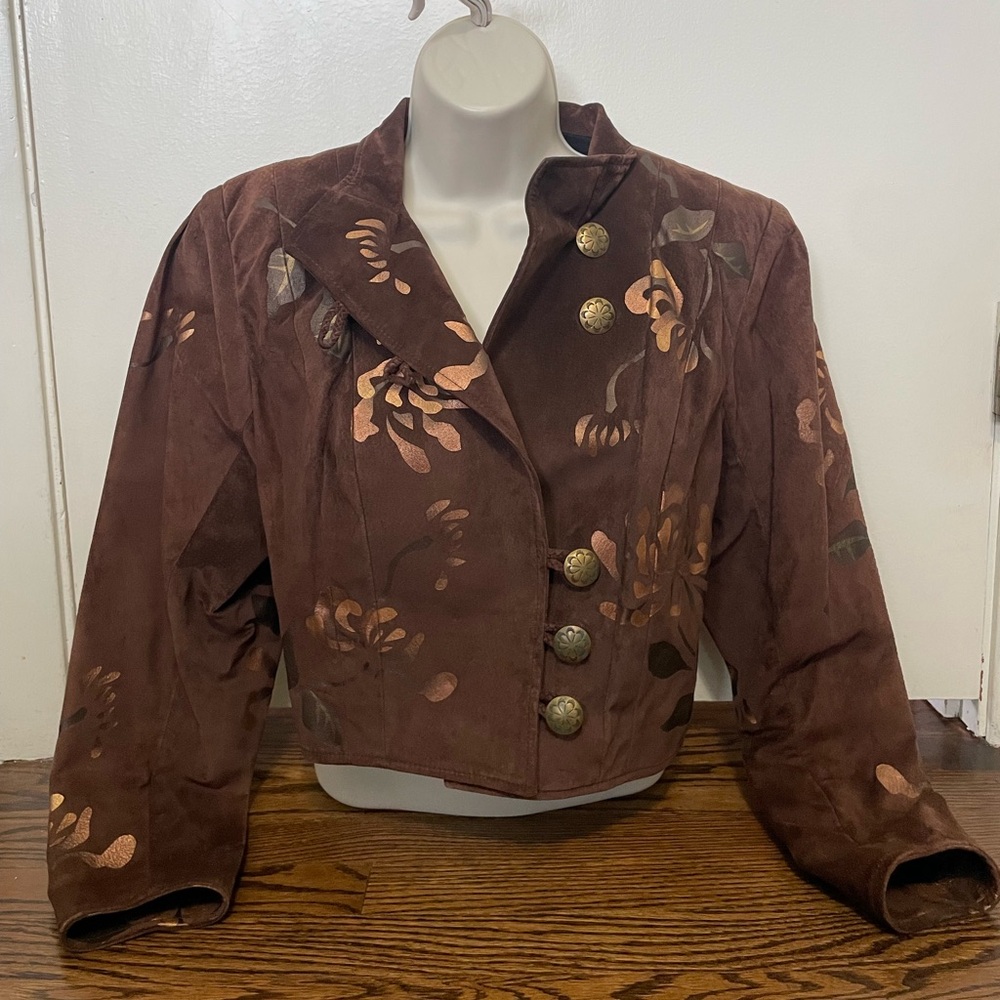 Char vintage jacket with gold detail. Size 8. Hand painted. Suede.